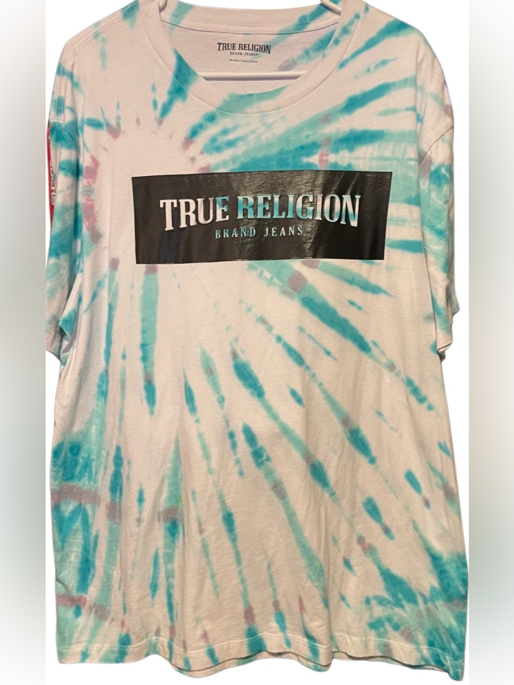 True Religion White and Teal Tie-Dye Logo Tee XXL Unisex